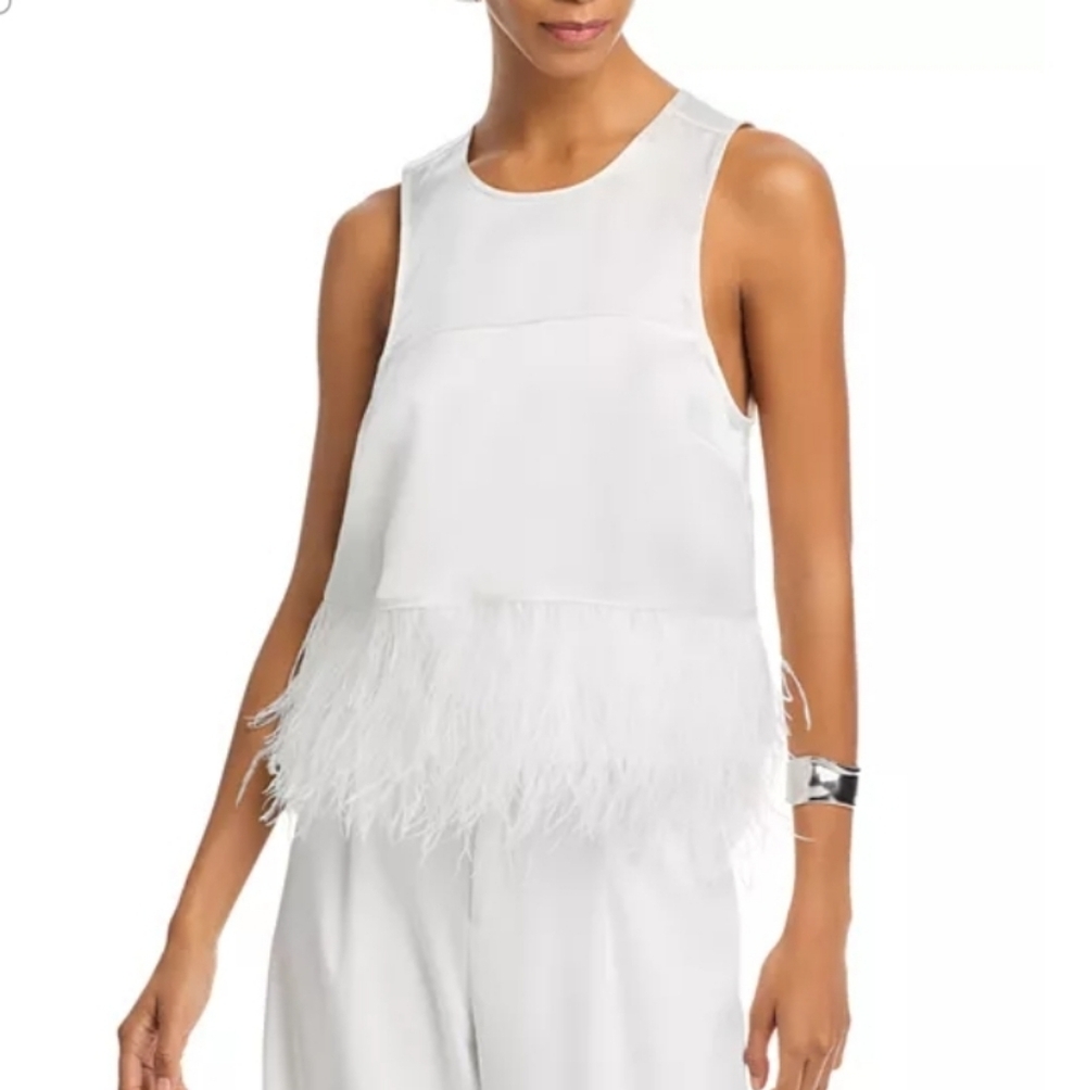 Cinq à Sept Women's Charisse Satin Top In Ivory Ostrich Feather Hem Size Medium
